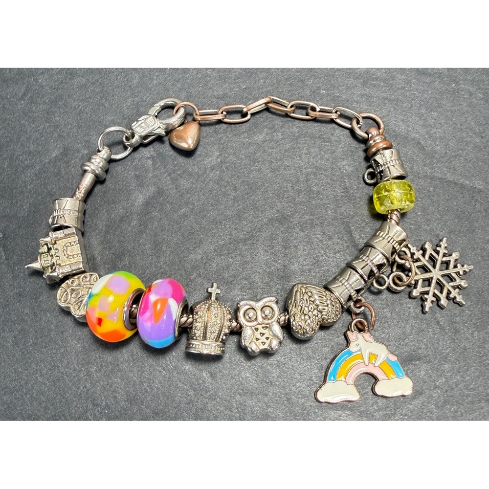 Unbranded Charm Bracelet Womens 8.5" Rainbow Unicorn Owl Castle Heart